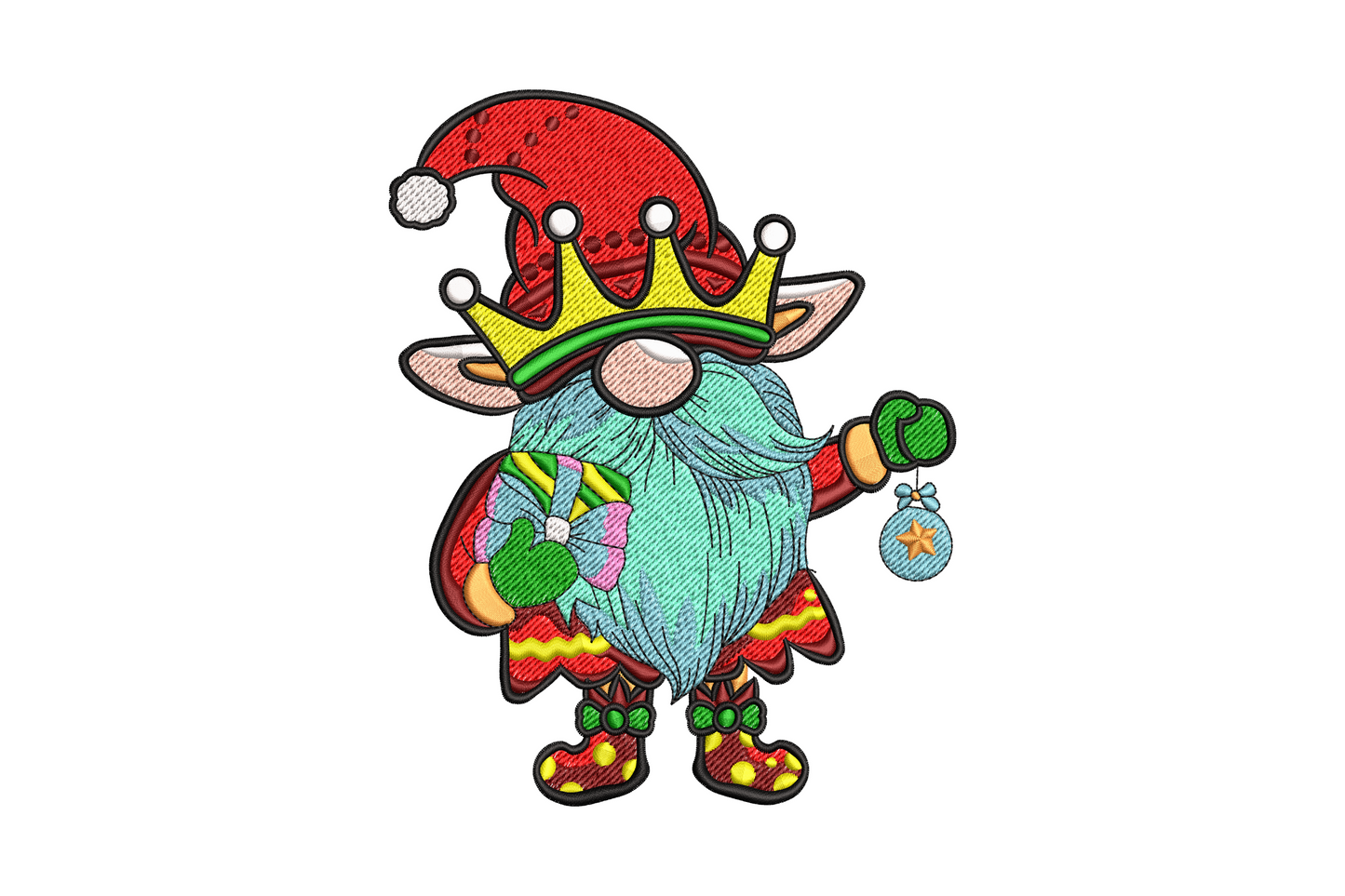 Christmas gnome king embroidery, royal purple robe, gold crown, white beard, green Christmas sack, 11 colours.