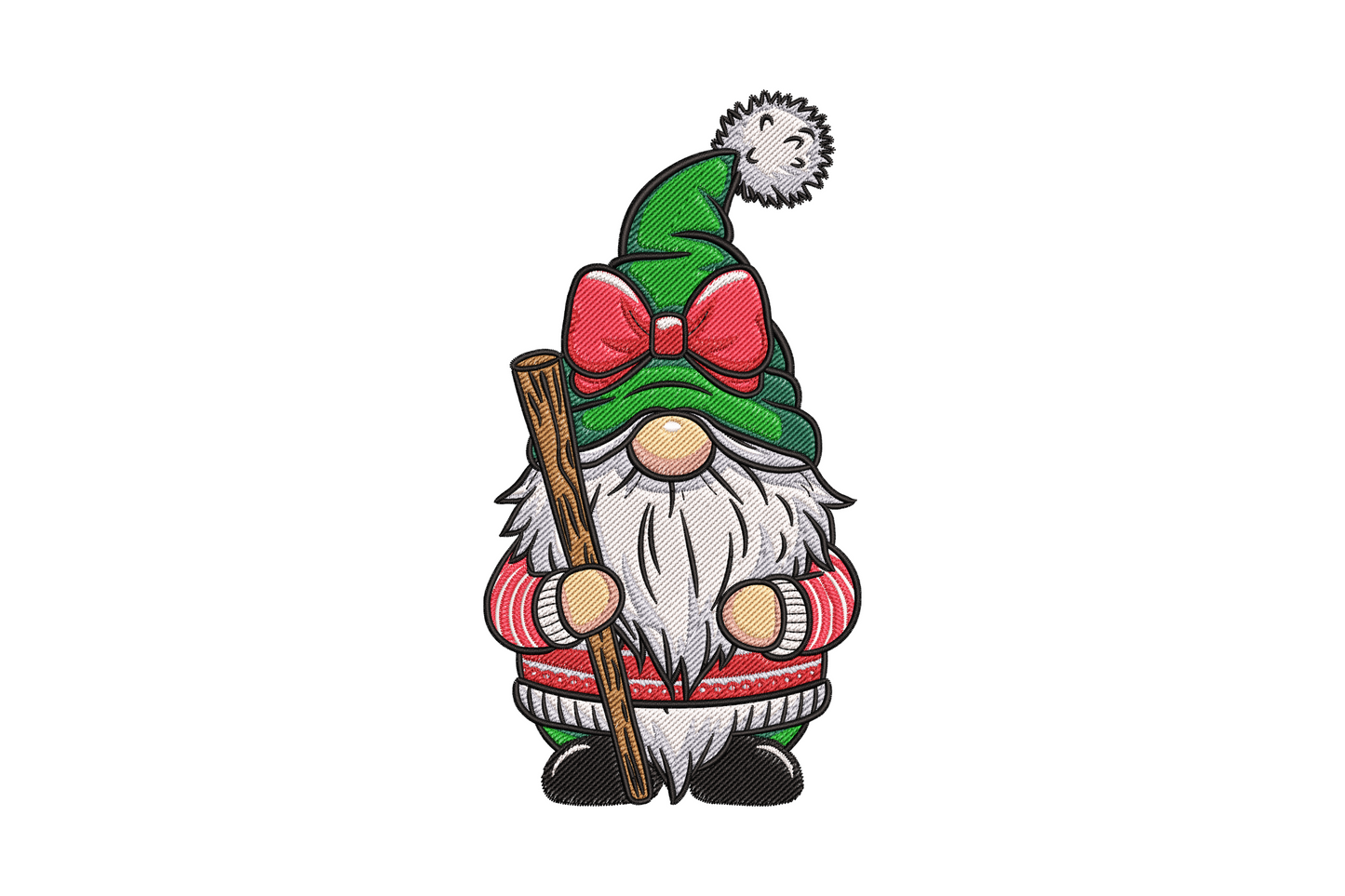 Christmas gnome embroidery design with tall green hat, red bow, fluffy white beard and wooden staff, bold filled stitch style