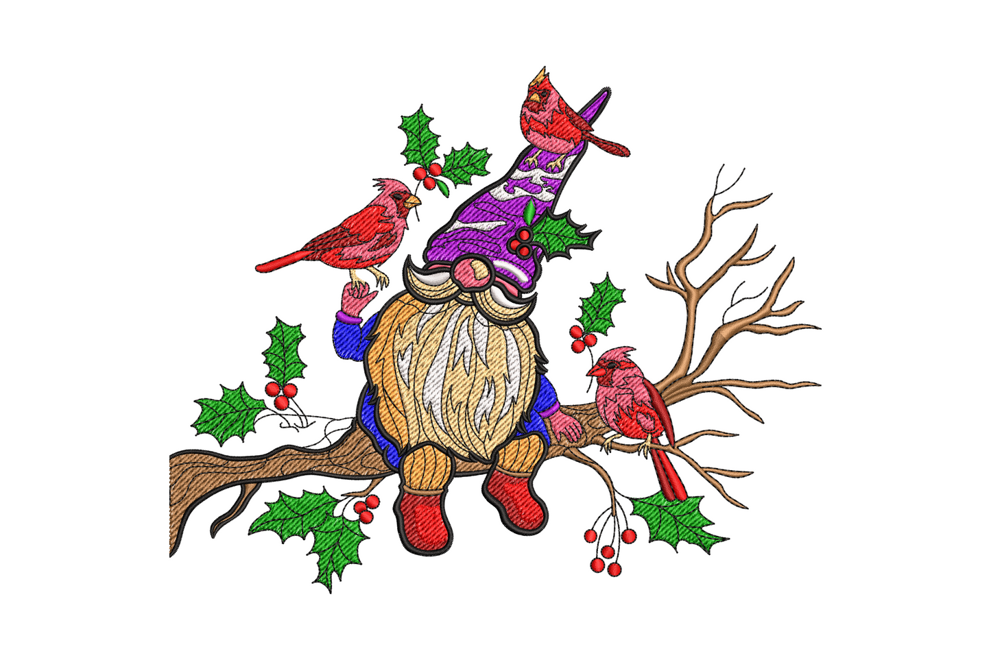 Christmas gnome flanked by two scarlet cardinals on pine branches, cream beard and red hat, winter woodland embroidery.