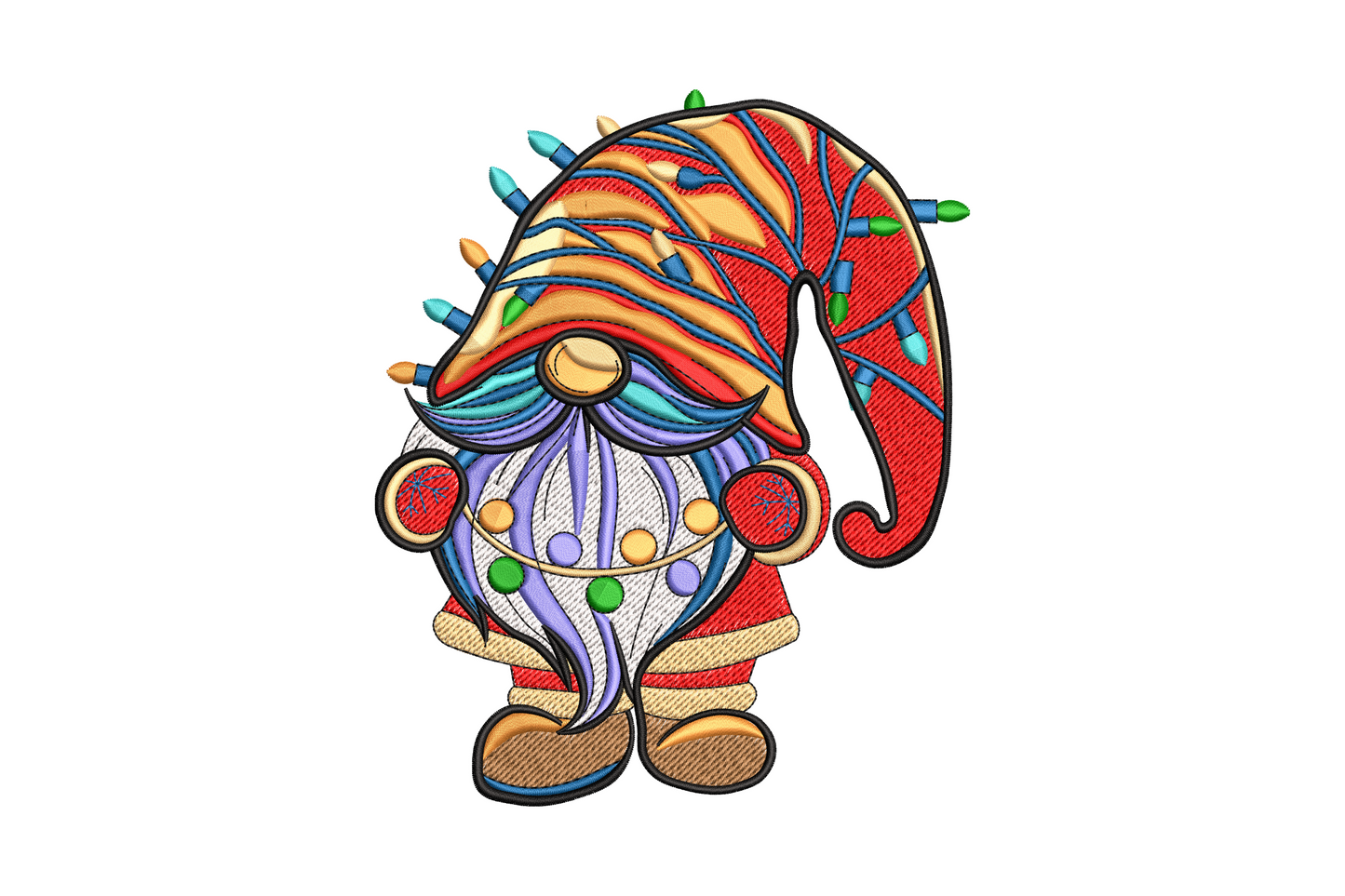 Christmas gnome with oversized red and orange striped drooping hat tangled in coloured string lights, visible round cheeks and small feet.