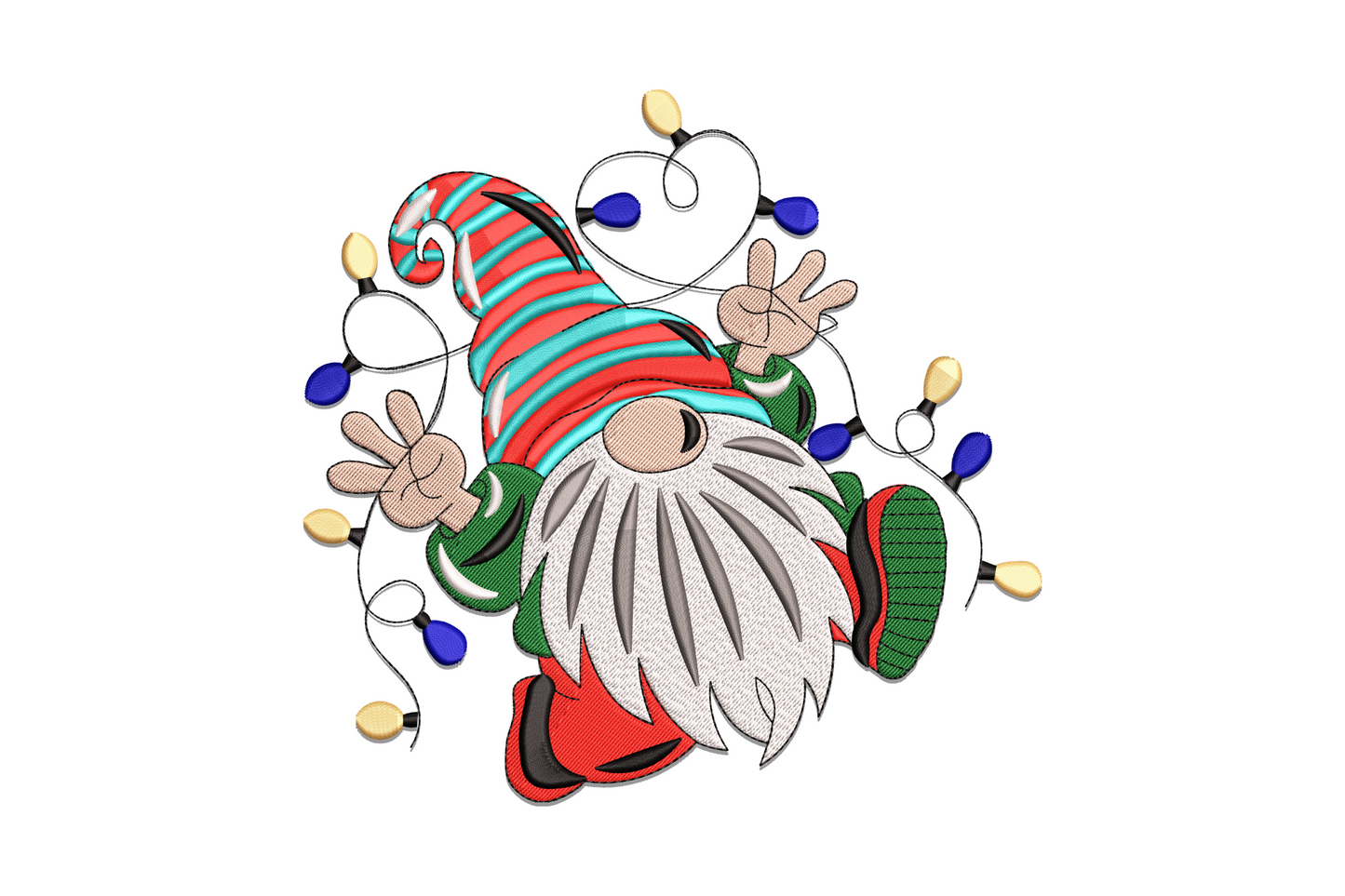 Christmas gnome embroidery tangled in string lights, striped red and teal hat tilting sideways, long white beard and raised hands.