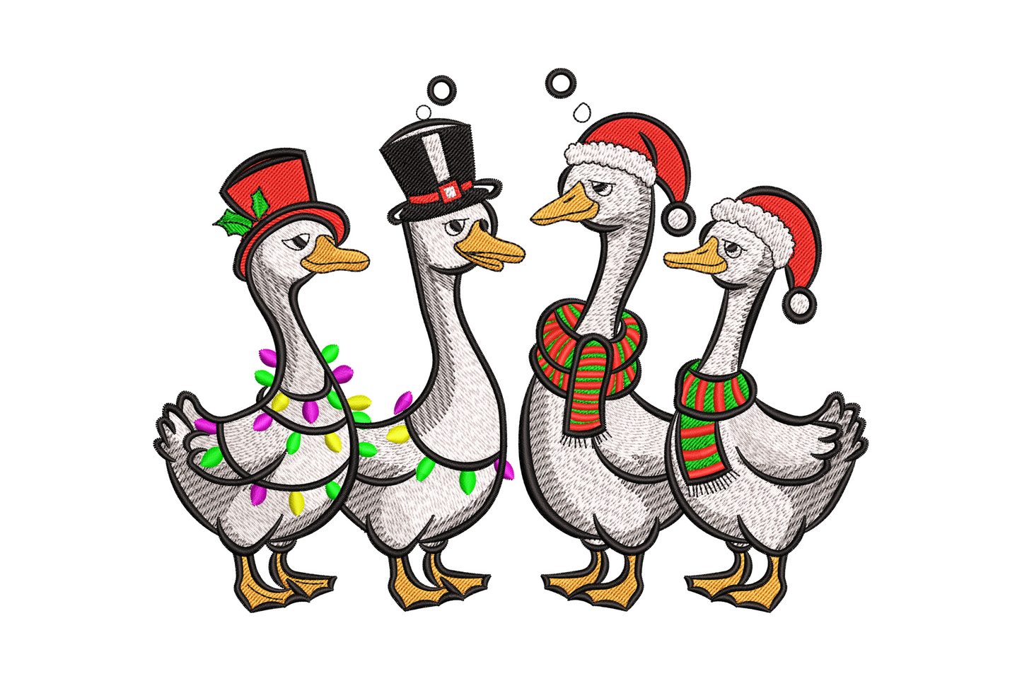 Four cartoon white geese embroidery wearing different christmas hats with string of bulb lights and orange beaks.