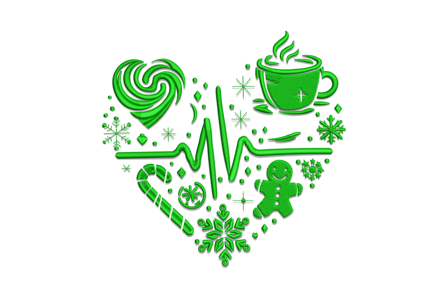 Christmas heart embroidery design, heart of candy cane gingerbread mug snowflake icons in dark green thread.