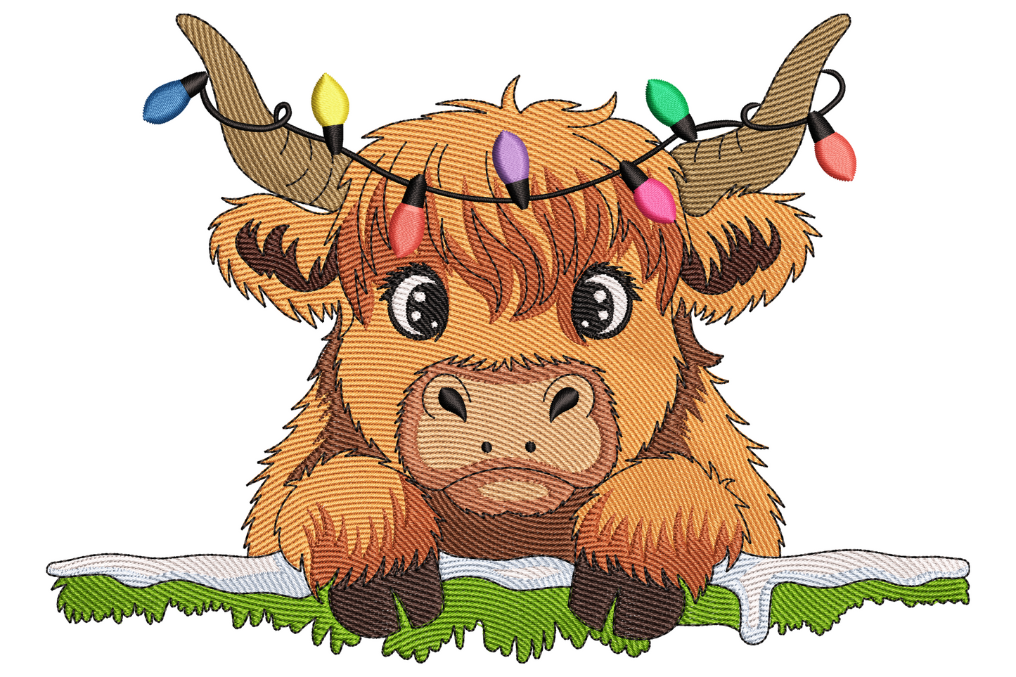 Embroidered highland cow calf with shaggy ginger fur wearing a green wire of colorful christmas lights on its horns