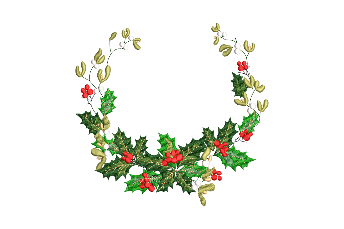 Christmas holly wreath embroidery in open crescent shape with layered dark green and olive holly leaves, red berry clusters, white mistletoe and dried seed pod accents