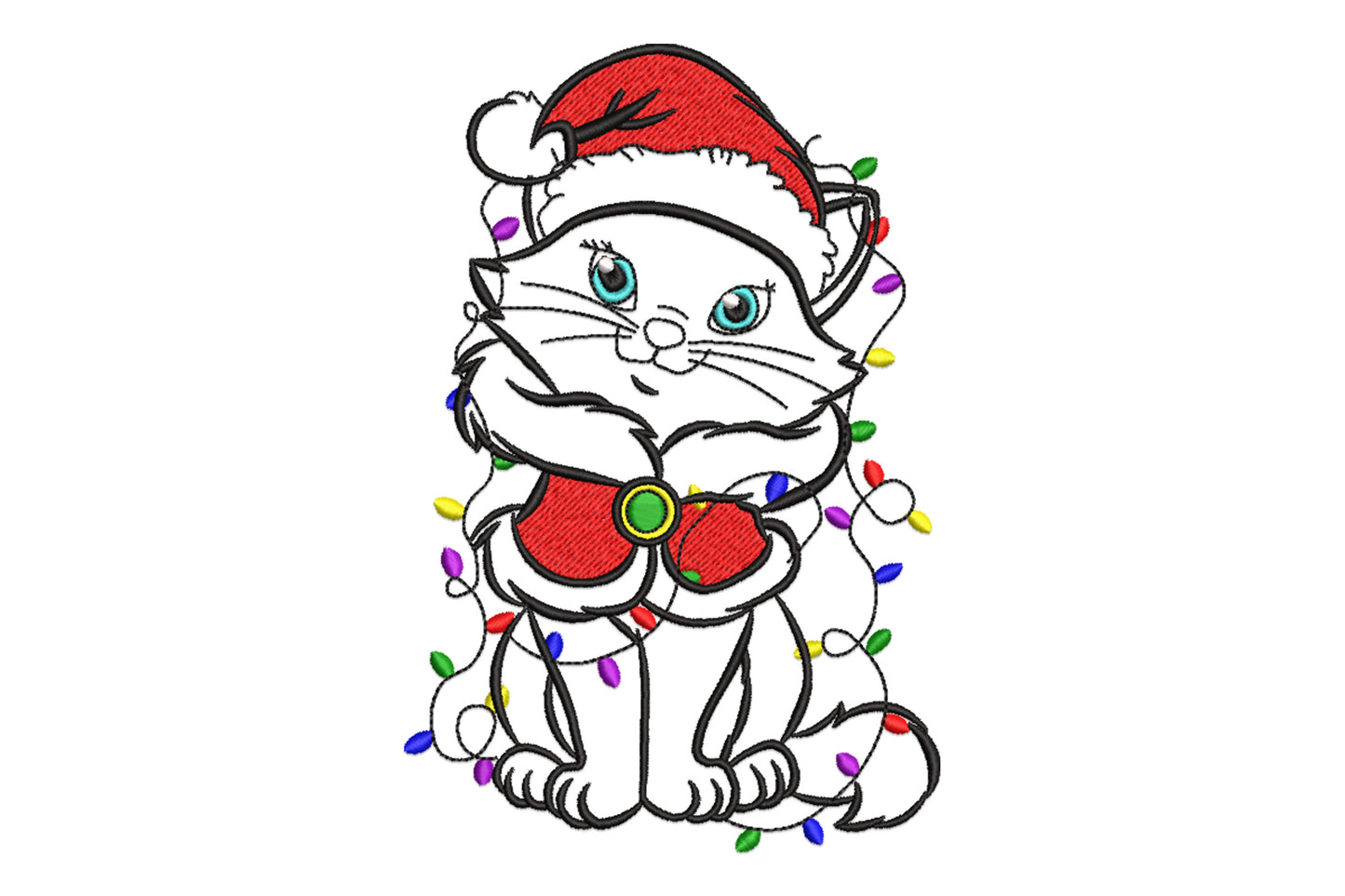 Christmas kitten embroidery design showing a seated cat in a tilted Santa hat and green scarf, 8 colours with directional satin fur stitching and density 590 on fabric