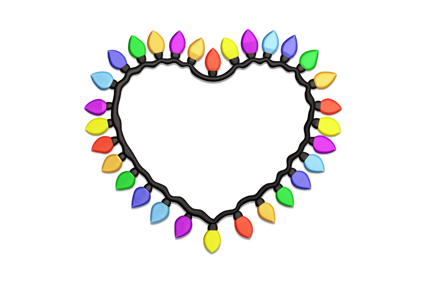 Christmas light heart embroidery design with colorful string light bulbs tracing a heart outline on white background.