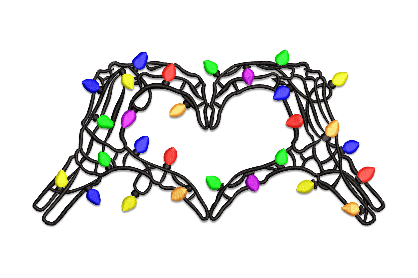 Christmas lights hand heart embroidery design with two black outline hands forming a heart shape and colourful bulb lights in blue, red, green, yellow, orange and purple draped across the fingers.