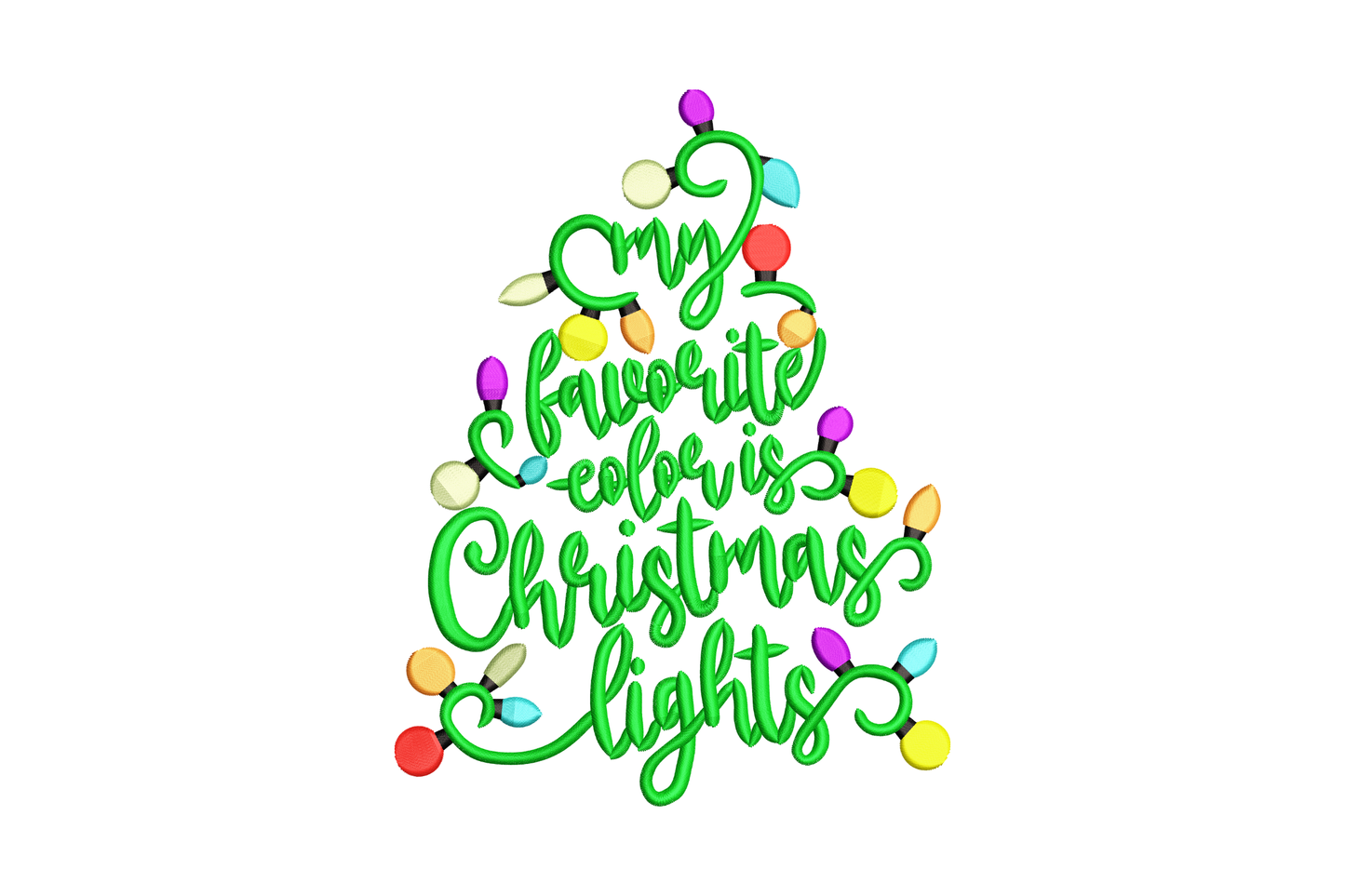 Christmas lights tree quote embroidery design with pine green branches and gold lettering on a kraft canvas pillow.