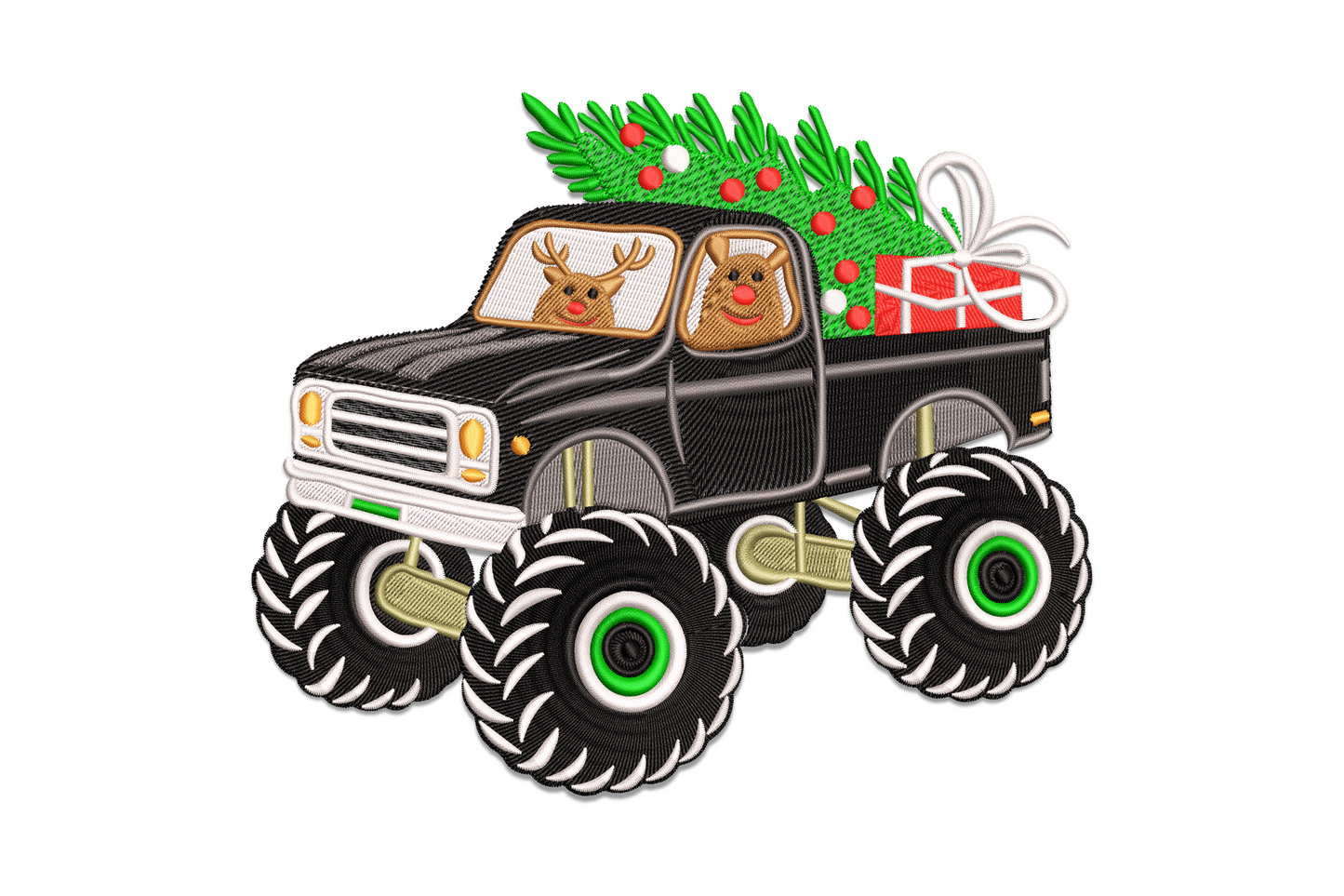 Christmas monster truck embroidery, two reindeer driving black pickup, huge green-rim tyres, tree and red gift on bed.