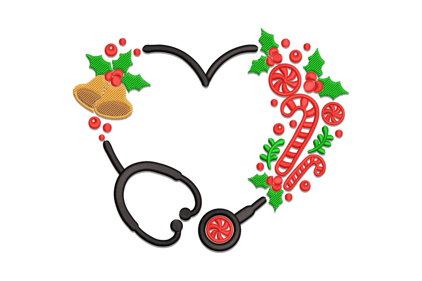 Christmas nurse heart embroidery design with stethoscope bent into heart shape, gold bells, holly, candy canes, peppermint circles and red peppermint diaphragm