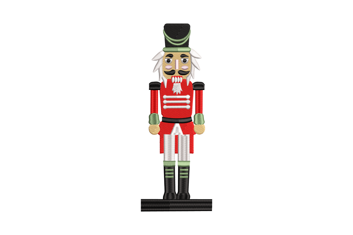 Classic nutcracker soldier embroidery with green hat and boots, red jacket with white buttons, pink cheeks and white curly wig.