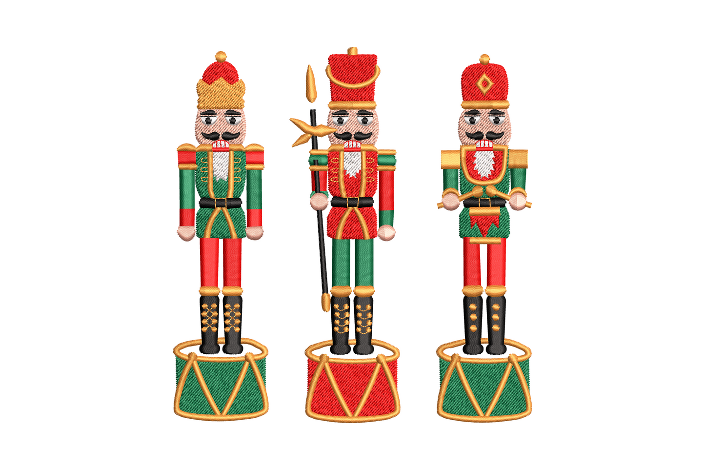 Christmas nutcracker trio, three toy soldiers in red, blue and green uniforms with gold accents and tall black hats.