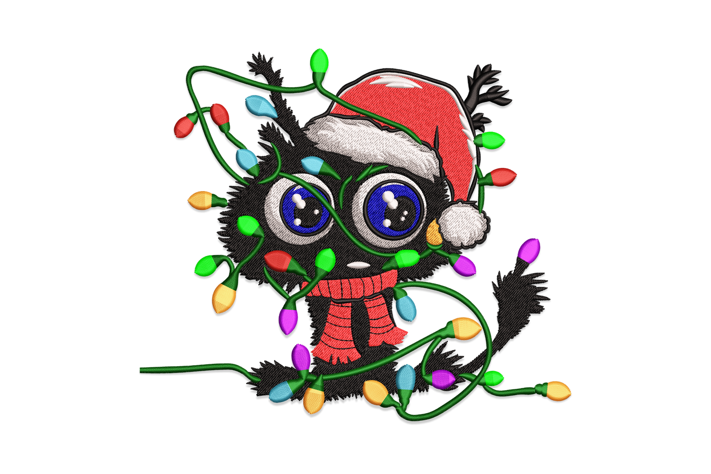 Christmas owl embroidery design with santa hat and tangled multicolour christmas lights, 11 thread colours, cartoon style, 5 sizes up to 6.48 inches.