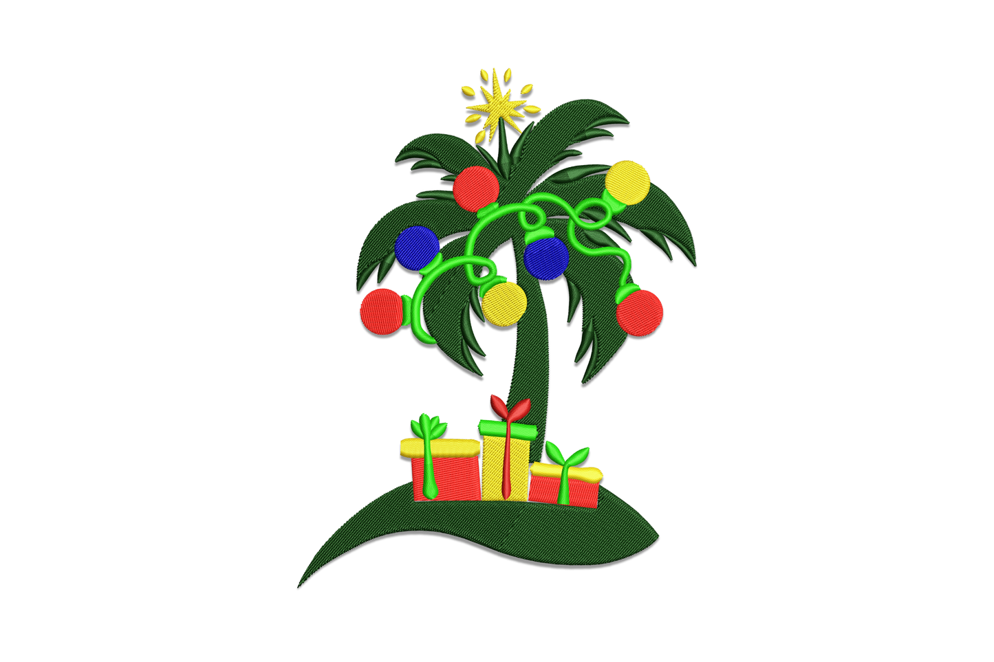 Machine embroidery design of a palm tree with round ornaments in red yellow and blue, garland loops, star topper, gift boxes at base, 6 colors