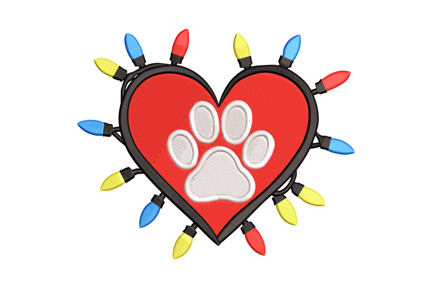 Christmas paw heart embroidery design, red heart wrapped in fairy lights with white paw print center, bold satin fill style