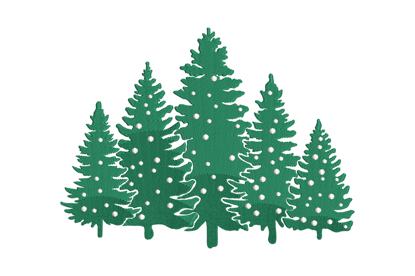Christmas pine forest embroidery design, dense overlapping pine tree silhouettes in deep green and black, high density nature scene for jackets and blankets