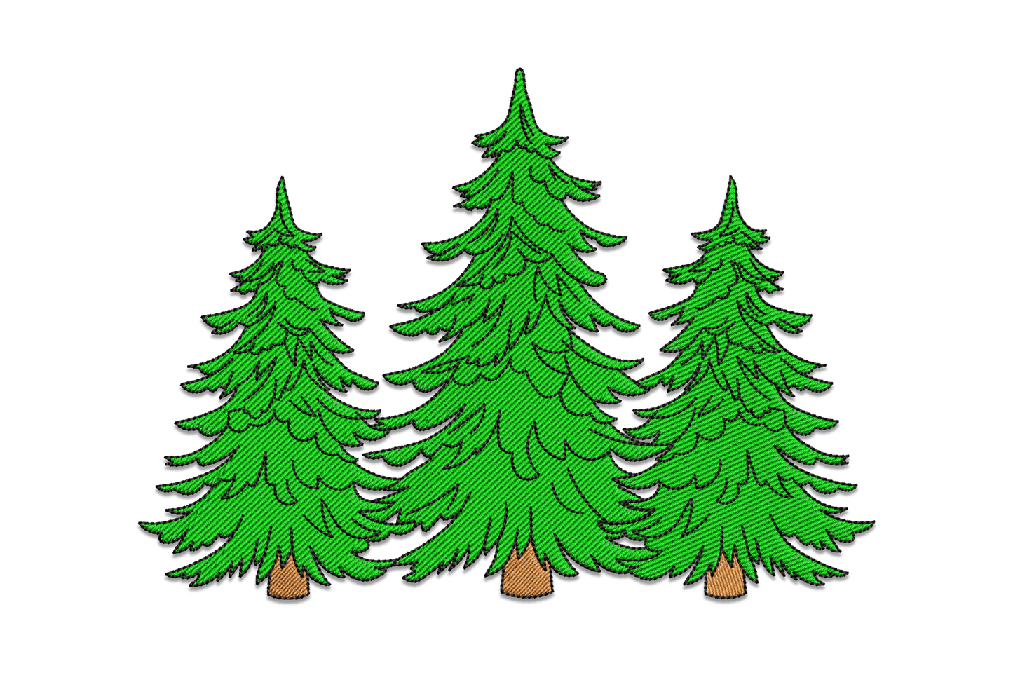 Three layered pine trees embroidery, dark green needle-fill branches, brown trunks, black outline, Christmas woodland grouping.