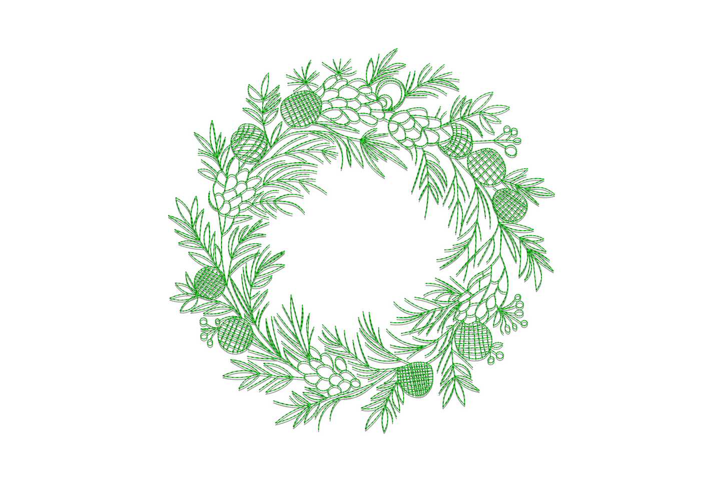 Christmas pine wreath embroidery design in dark green outline style with pine cones, needle branches and berry clusters