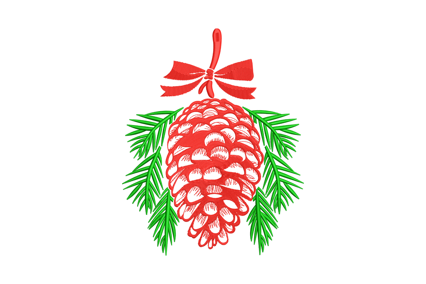 Red pinecone ornament embroidery with overlapping scale outline green pine sprigs and red bow on top.