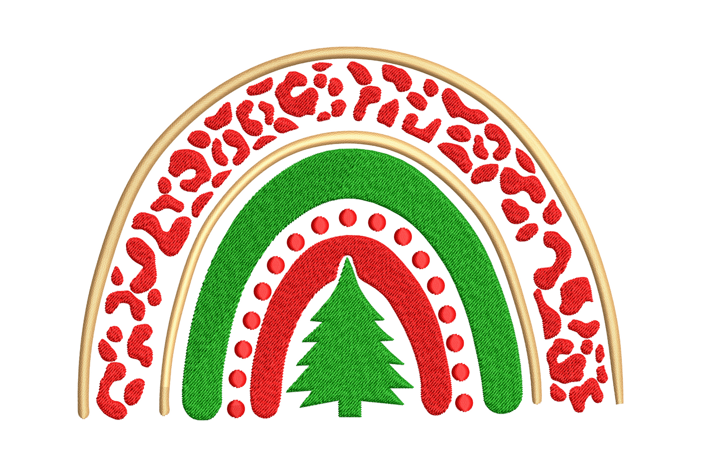 Christmas rainbow tree embroidery design with tree silhouette built from rows of round ornaments in a full rainbow gradient from red base to violet tip.