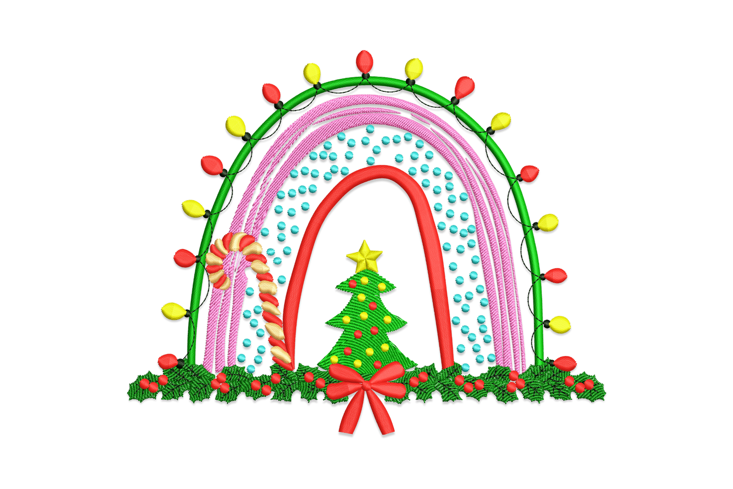 Christmas rainbow lights embroidery design showing a full colour arc strung with teardrop Christmas light bulbs, stitched in 8 thread colours on white tee fabric.