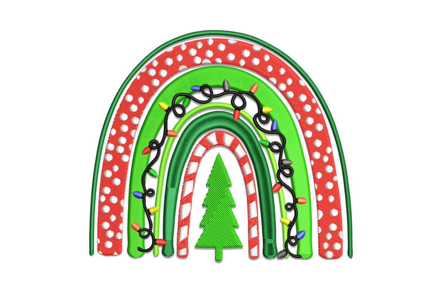Christmas tree silhouette banded in rainbow colours from red base to violet top with gold star topper, machine embroidery design, 12 colours, 4 sizes from 2.2 to 4.8 inches wide