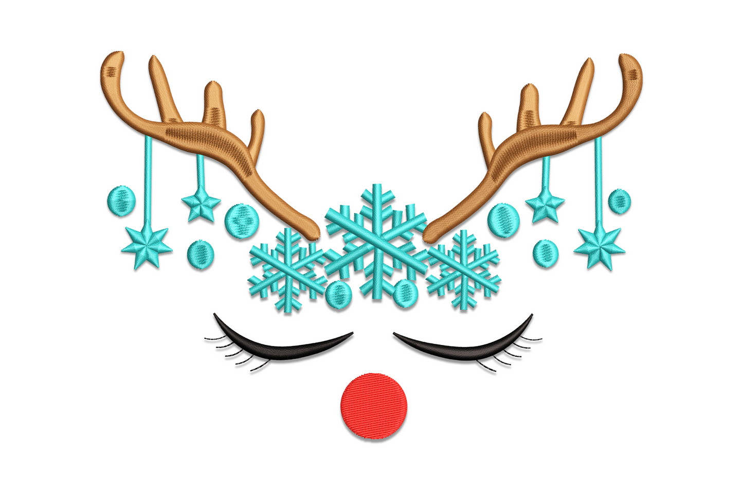 Christmas reindeer face with antlers embroidery design, front-facing deer with spread antlers in 4 colours, clean graphic holiday animal for tshirts and stockings