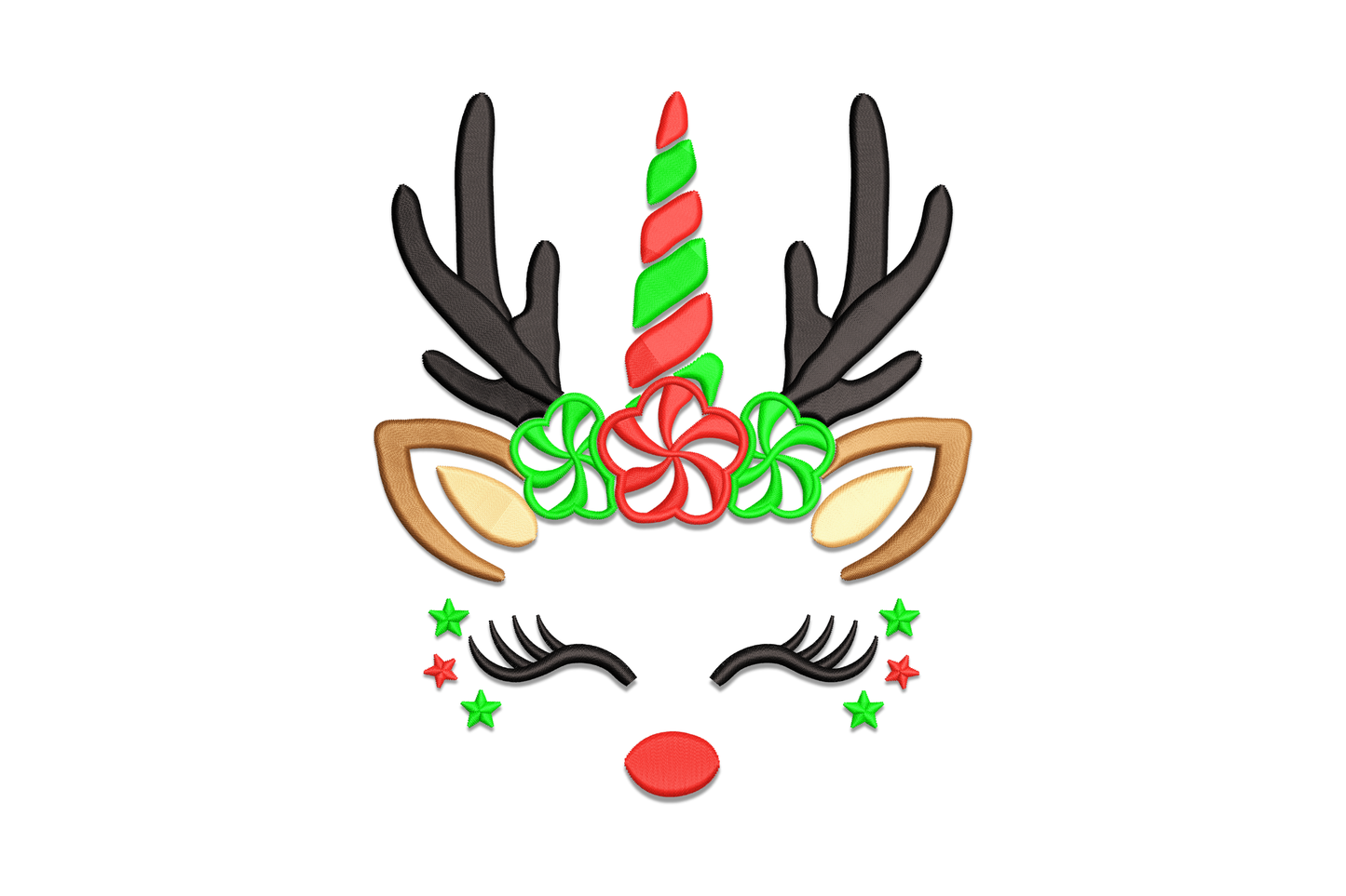 Christmas reindeer unicorn candy cane embroidery design with peppermint flower collar, brown antlers, candy stripe horn, red nose, and green and red stars