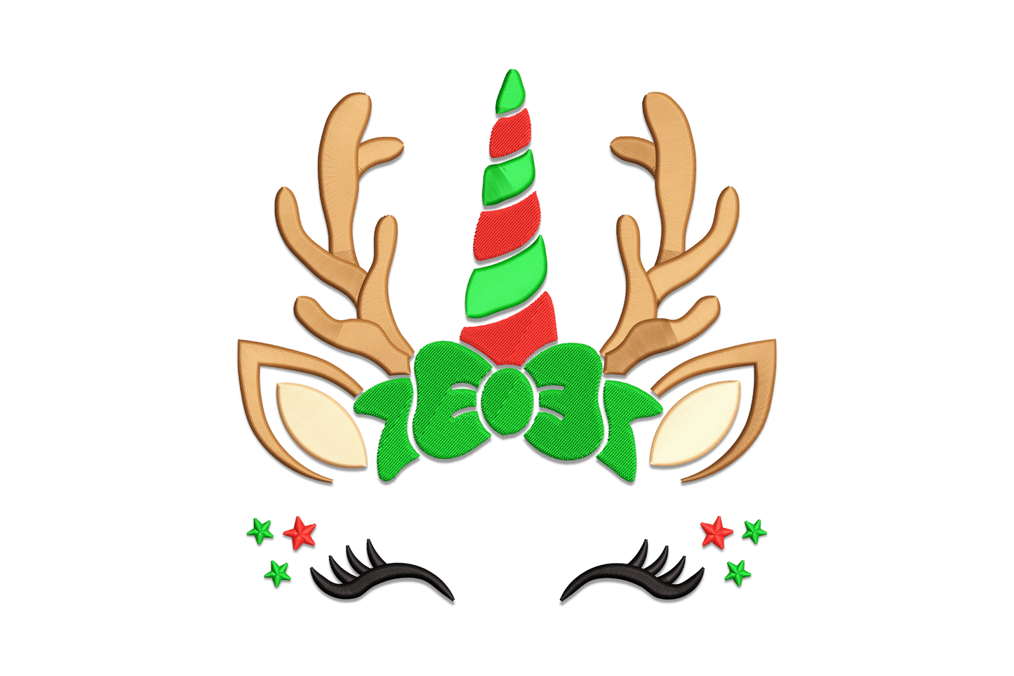 Christmas reindeer unicorn embroidery design with brown antlers, red-green spiral horn, holly wreath, dramatic lashes and star accents, 5 colours, 4 sizes from 3.5 to 7.5 inches