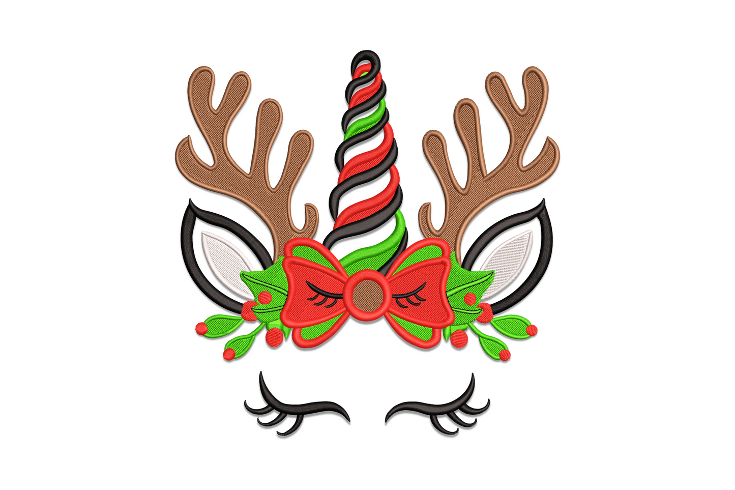 Christmas reindeer unicorn face embroidery, wide brown antlers, twisted red-green spiral horn, red bow with holly, sleepy lash eyes