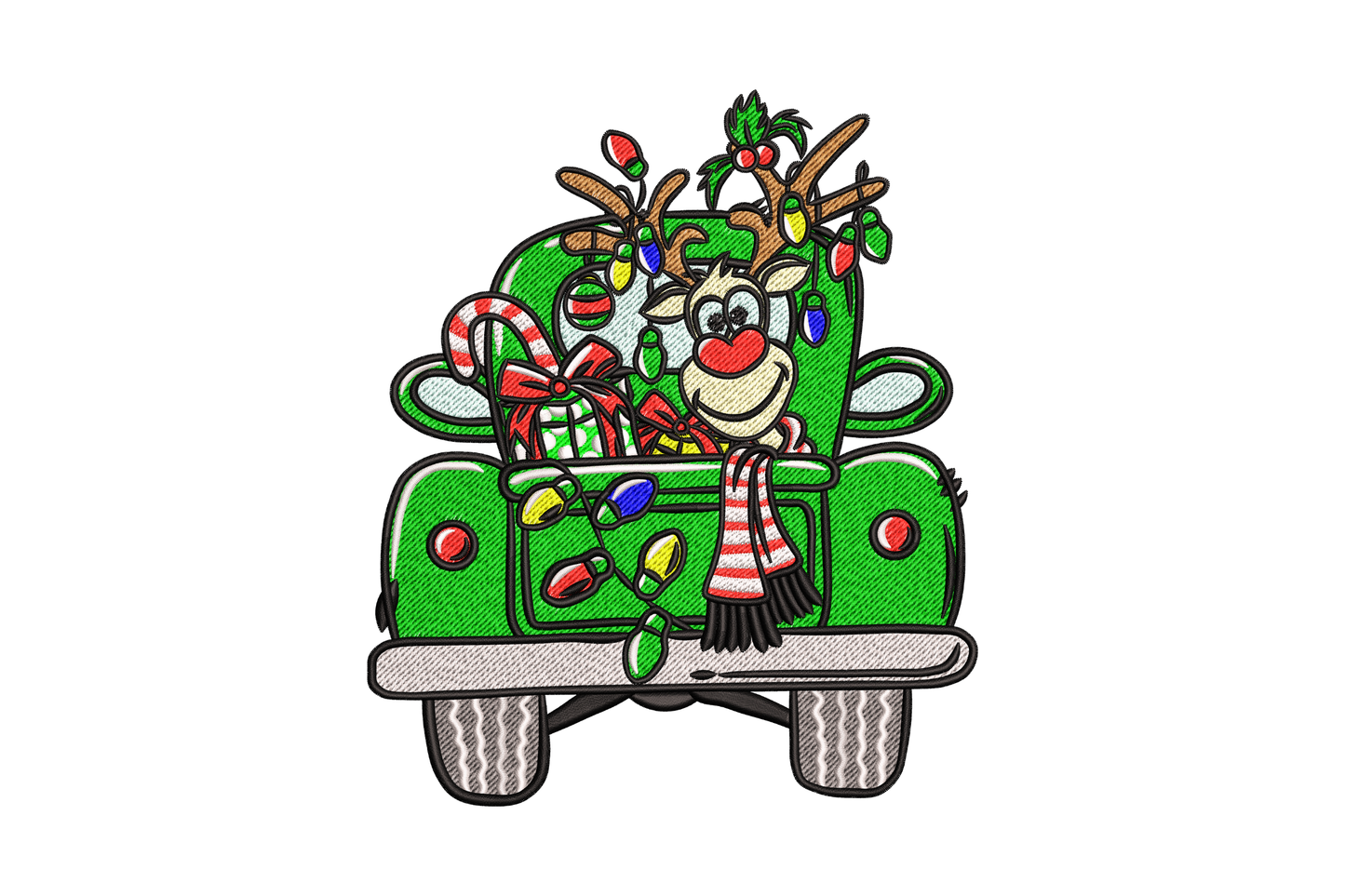 Christmas reindeer in vintage forest green pickup truck embroidery design with scarlet bow and Christmas tree, 12 colour dense fill on white apron fabric.