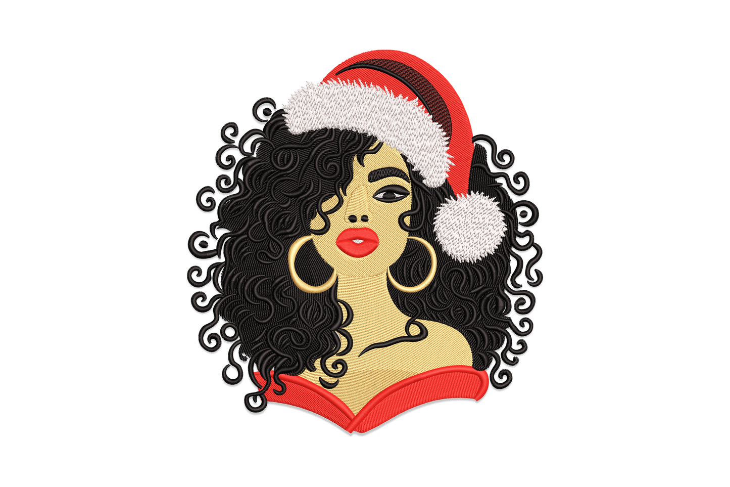 Girl wearing santa hat machine embroidery design, peach skin tones, brown hair, scarlet hat, portrait close-up style.