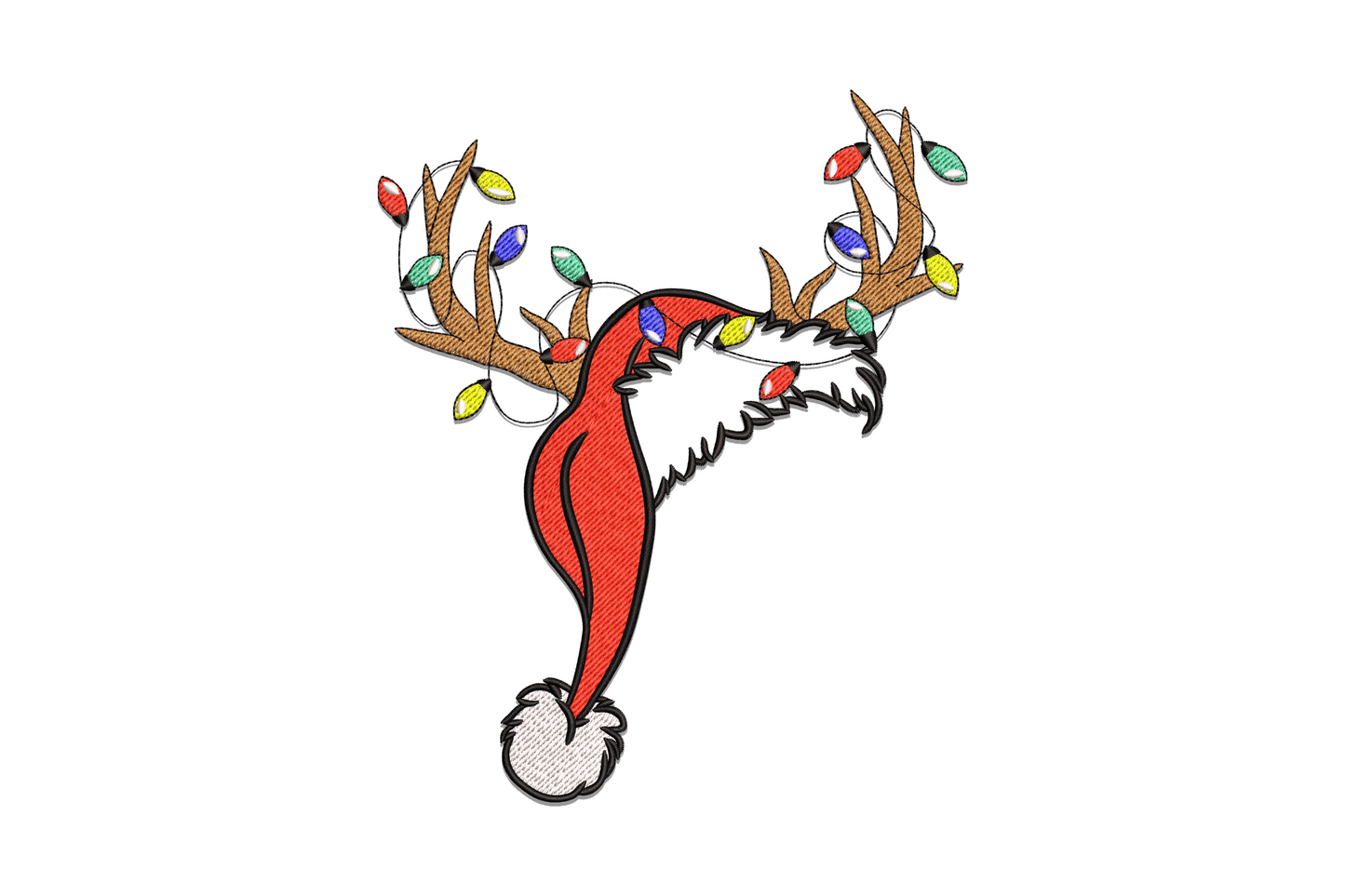 Embroidery design of reindeer antlers with coloured bulb lights and a red santa hat in the centre, on white background
