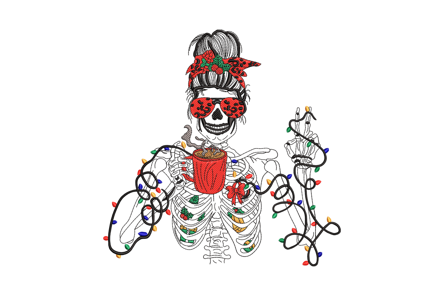 Christmas skeleton girl with red rose bandana heart sunglasses holding steaming coffee mug tangled in colourful fairy lights.
