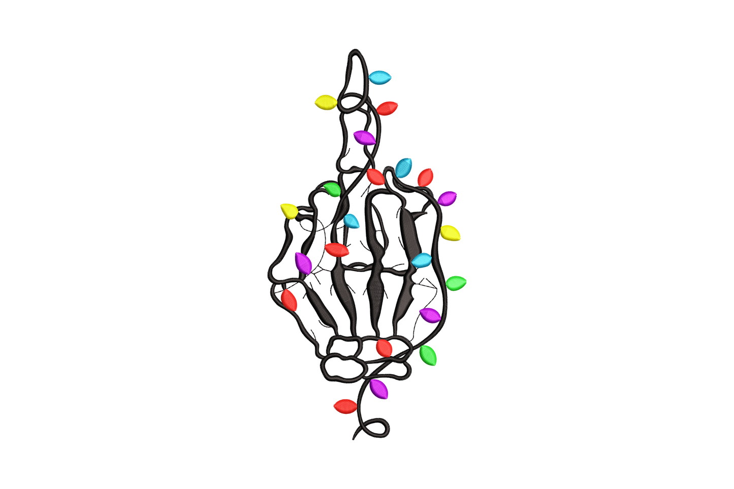 Skeleton middle finger Christmas embroidery in black bone outline wrapped in red purple green yellow cyan bulb lights.