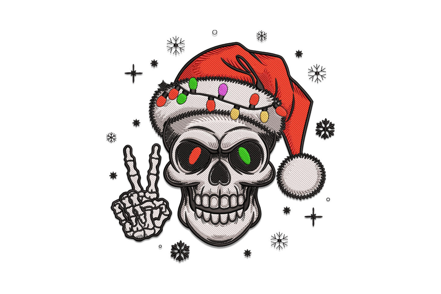 Gothic christmas skull embroidery, red Santa hat with colorful light bulbs, peace sign skeletal hand, snowflake accents