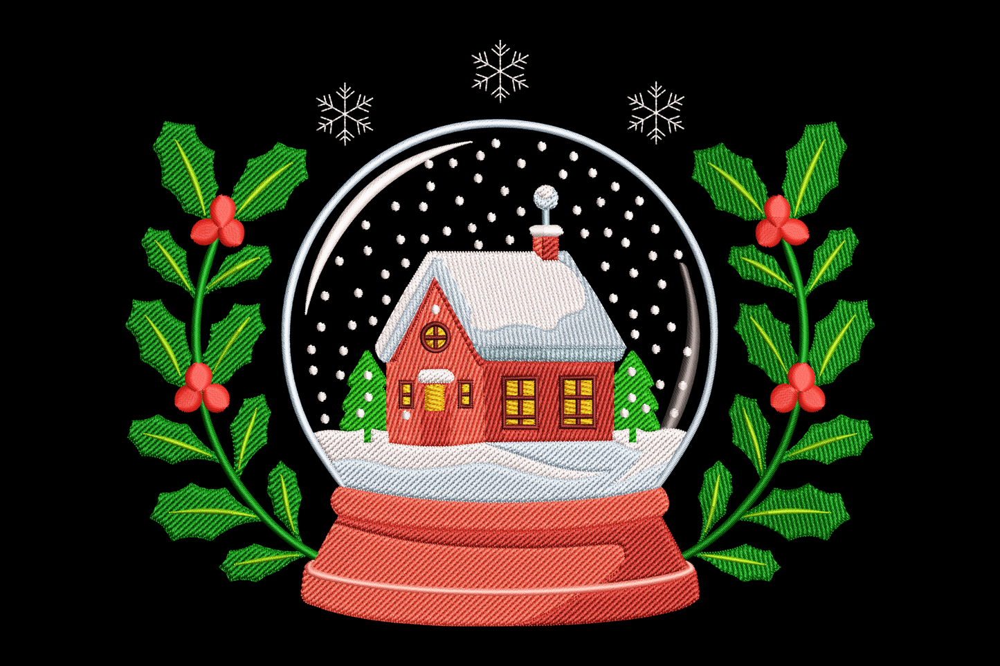 Christmas snow globe embroidery design with red cottage, pine trees, snowflakes and holly leaf branches with red berries on coral base