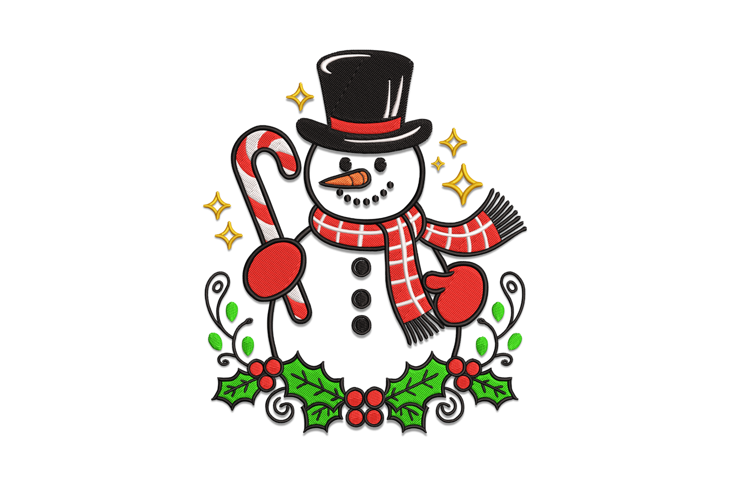 Christmas snowman with candy cane embroidery design in 6 colours with dense satin fill body across 5 sizes from 3.51 to 7.51 inches wide, 47485 stitches at largest