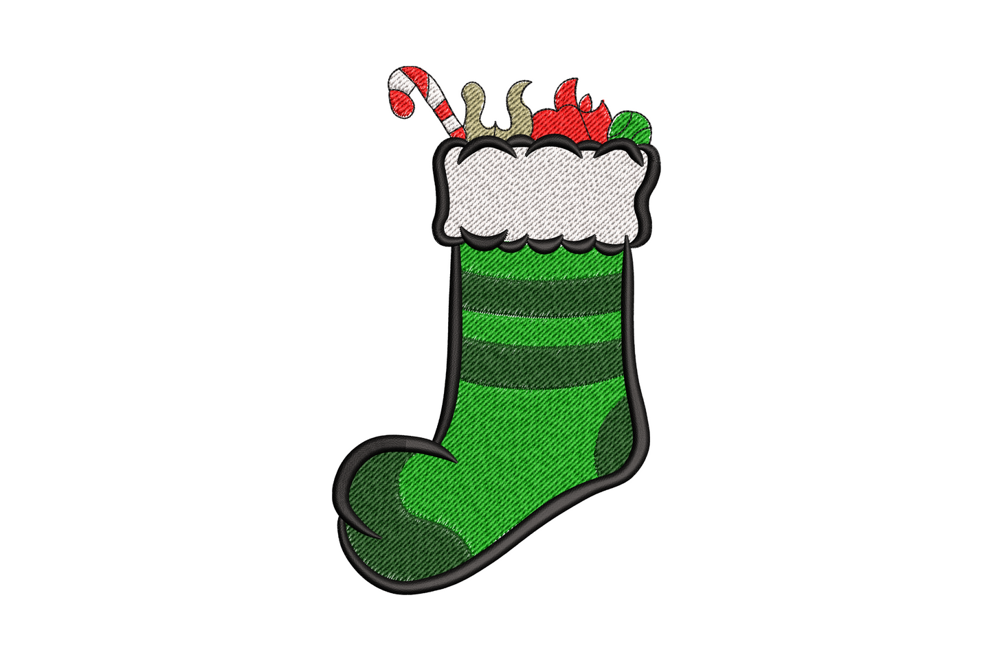 Christmas stocking with candy cane embroidery design, dark green stocking with white cuff, holly and khaki gift tag, 5 sizes