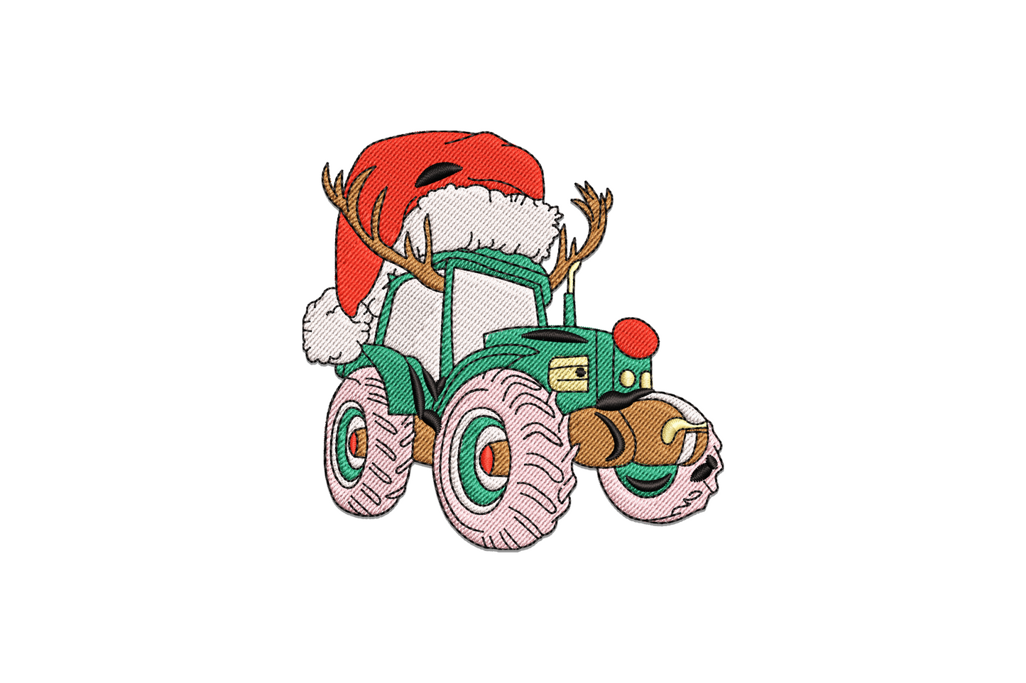 Christmas tractor embroidery design with santa hat, reindeer antlers and red nose, green farm tractor on white background