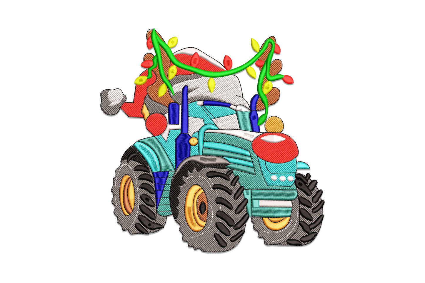 Christmas tractor embroidery design with teal body, gold wheels, colourful string lights over the cab and a red santa hat on the exhaust.