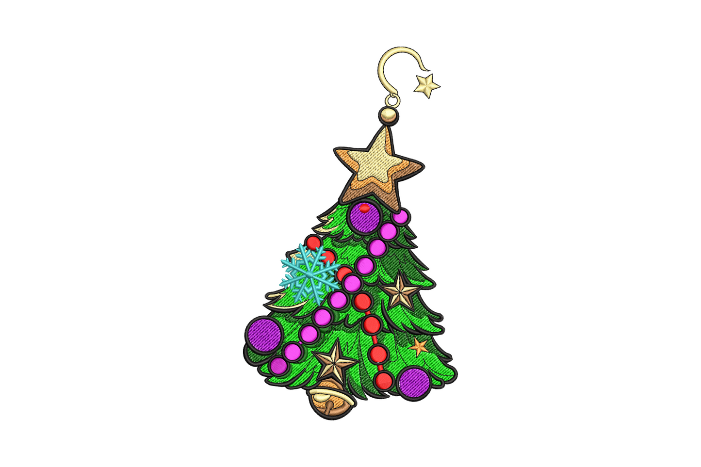 Round christmas ornament ball with miniature tree inside, gold star topper and hanging loop, classic holiday embroidery.