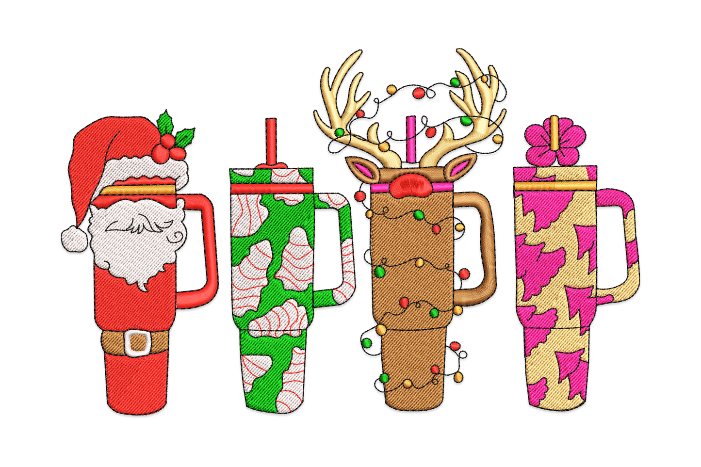 Christmas tumbler mug embroidery design with chocolate satin body, cream foam top, and scarlet bow, machine embroidery design in 8 colours for pillows and holiday gifts.