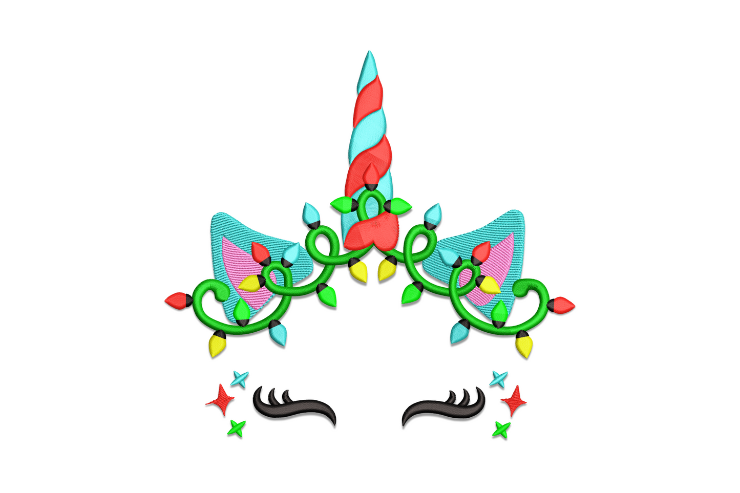 Christmas unicorn headband embroidery design with ivory spiral horn, dark green holly, red berries and a festive bow with white star accents.