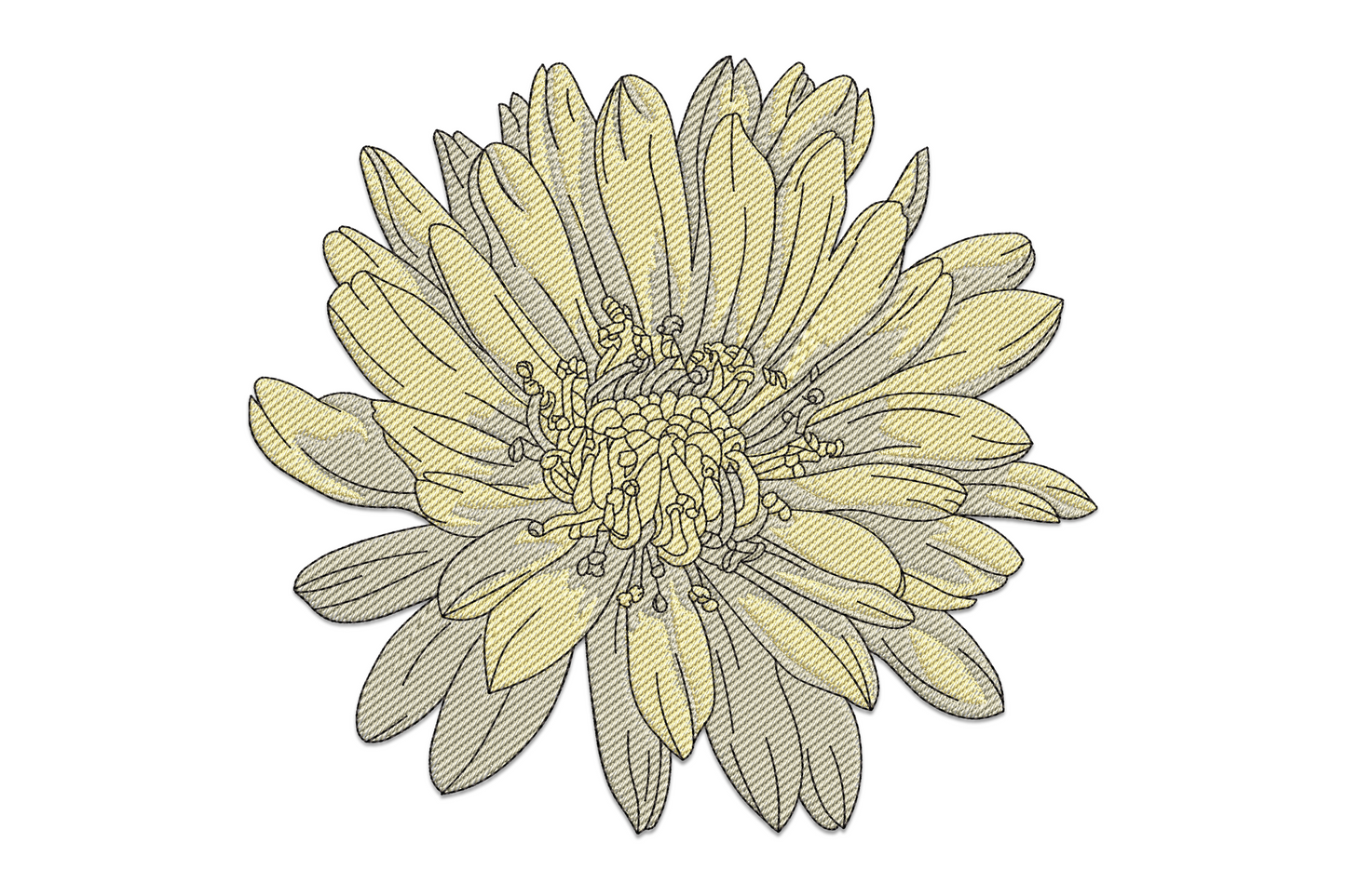 Single chrysanthemum embroidery head-on with layered cream-yellow petals, directional fills and a dense spiral olive centre.