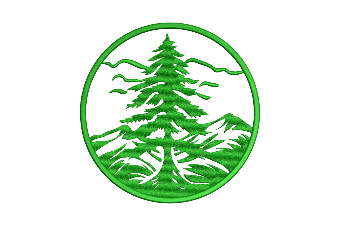 Circular pine and mountain badge embroidery with satin-stitch border ring and silhouette scene in single green thread on white