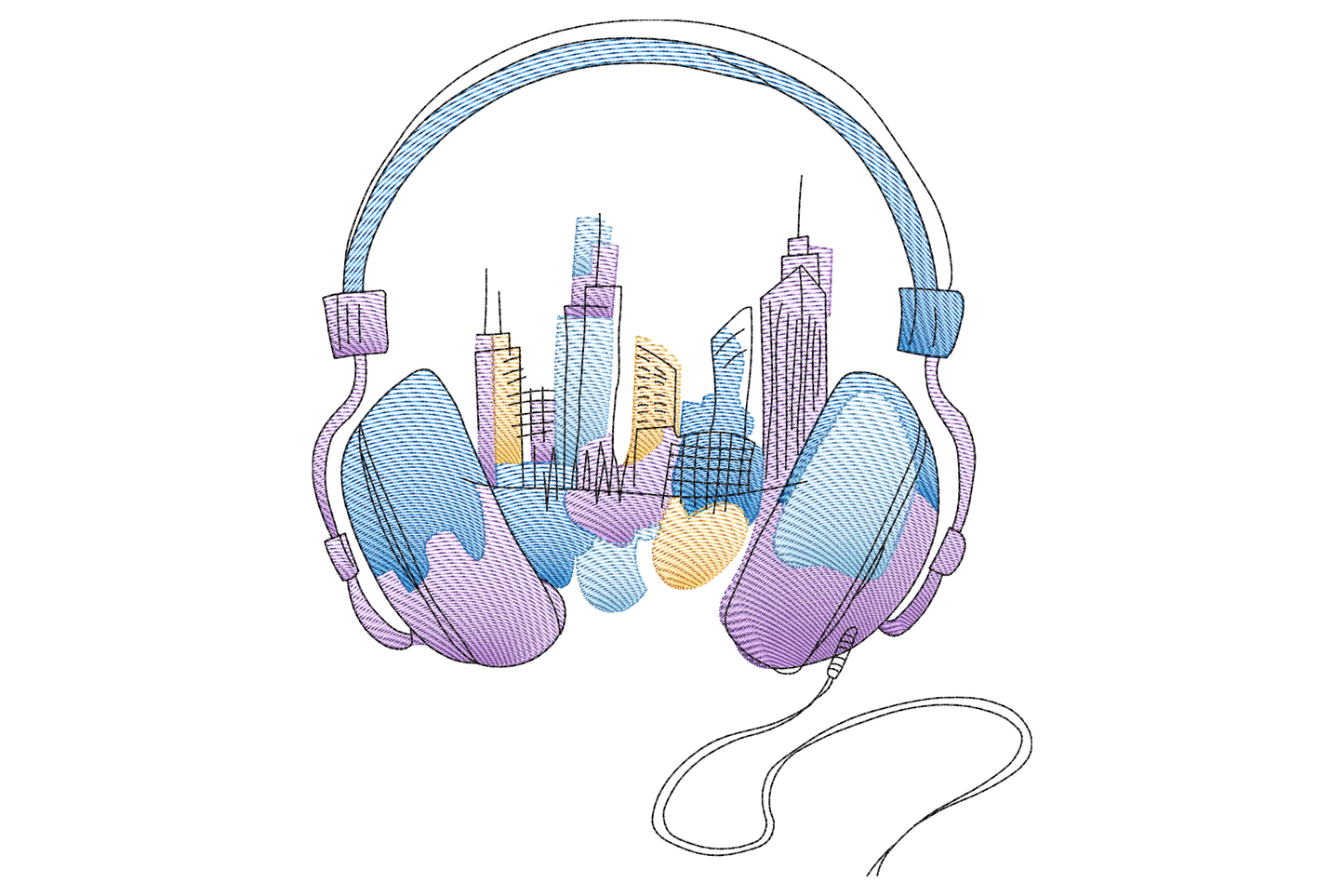 City skyline headphones embroidery design with sketchy skyscrapers rising through lilac over-ear cans, pastel purple blue and peach palette