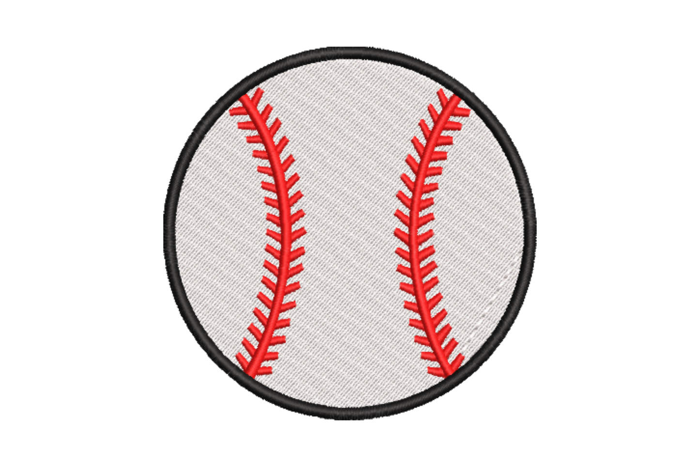 Classic baseball embroidery design with black outer ring, white fill and curved red stitching lines