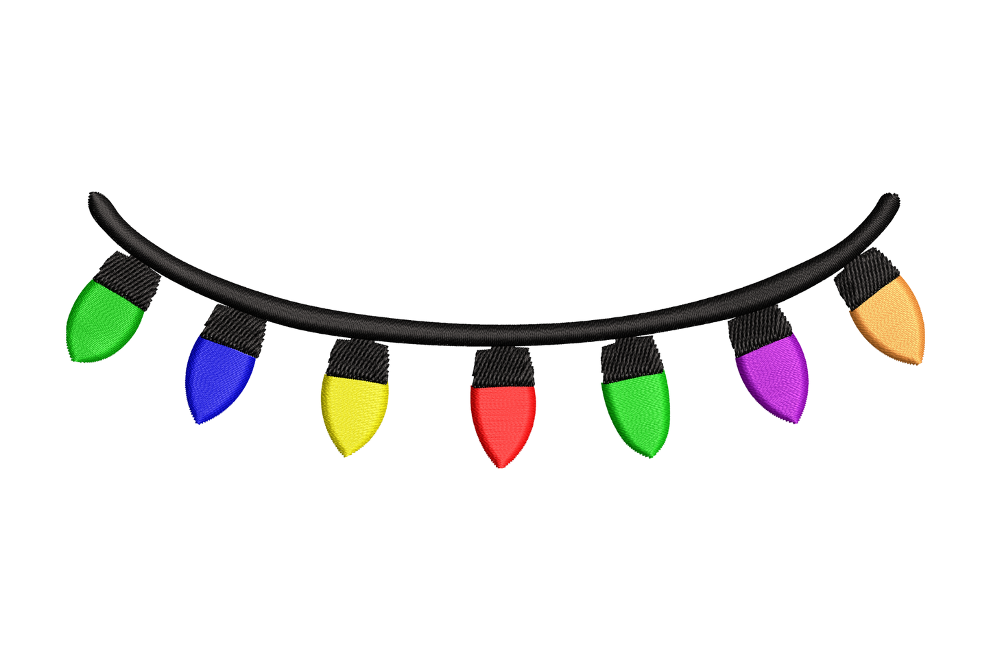 Classic Christmas light garland embroidery, 7 bulbs in green blue yellow red purple orange on curved black cord